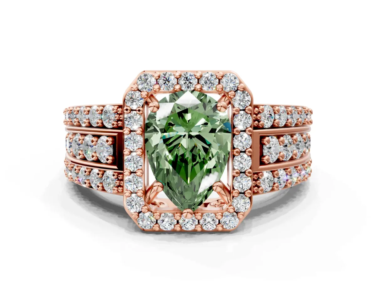 Fancy Green Pear Cut Halo Diamond Ring with Round Split Shank and Prong Setting Rose gold