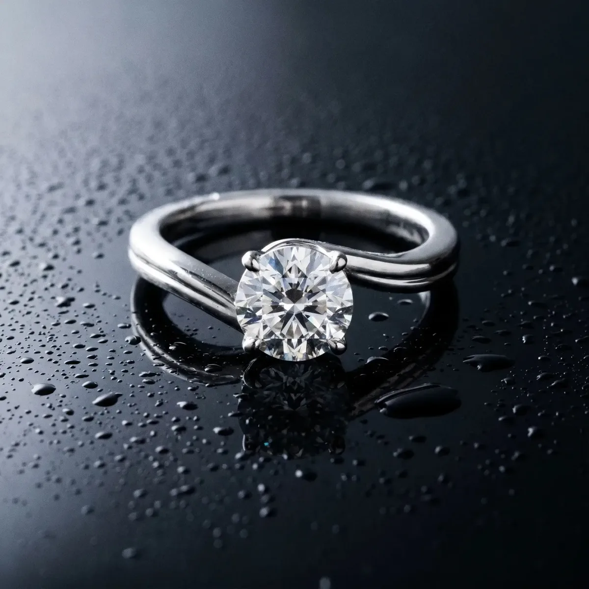 Round Cut Solitaire Twist Band Engagement Ring with Four-Prong Setting Silver