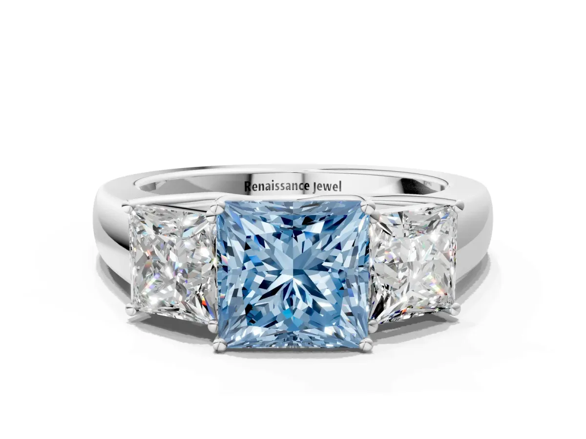 Fancy Blue Three-Stone Princess Cut Cut Diamond Ring with Prong Setting and Classic Band White gold
