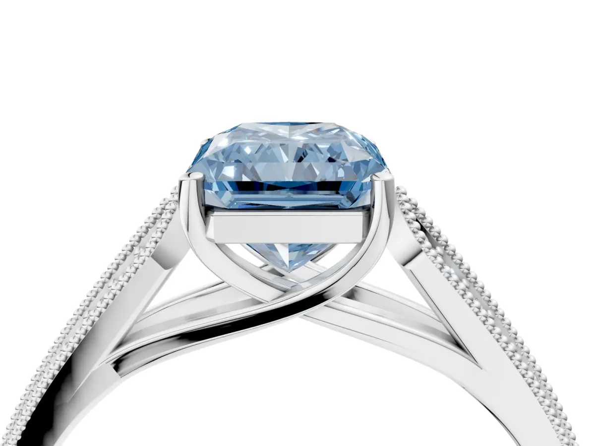 Fancy Blue Radiant Cut Cut Pave Split Shank Engagement Ring with Four-Prong Setting Platinum