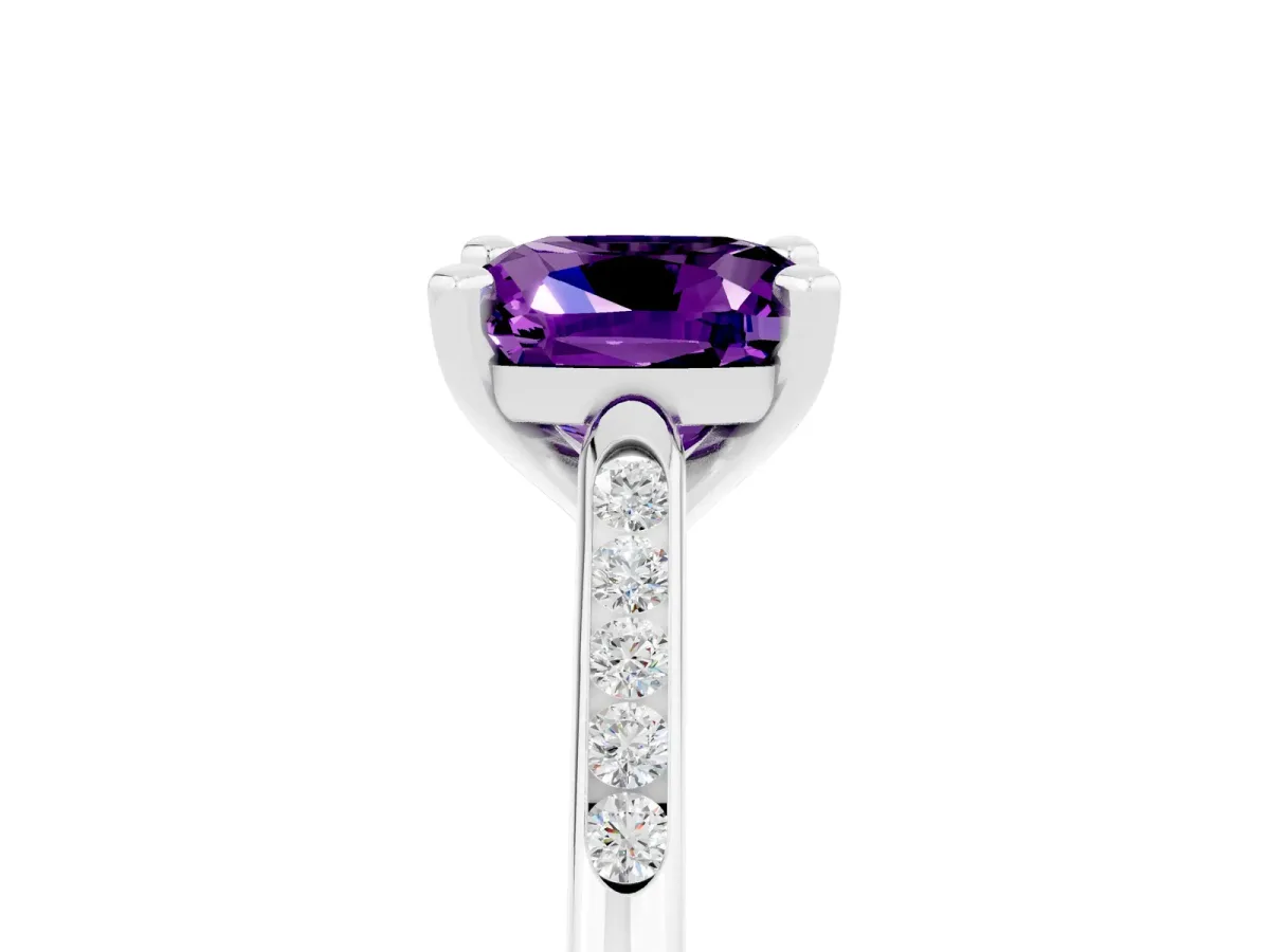 Cushion Cut Amethyst Solitaire Ring with Channel Set Round Band and Prong Setting Silver