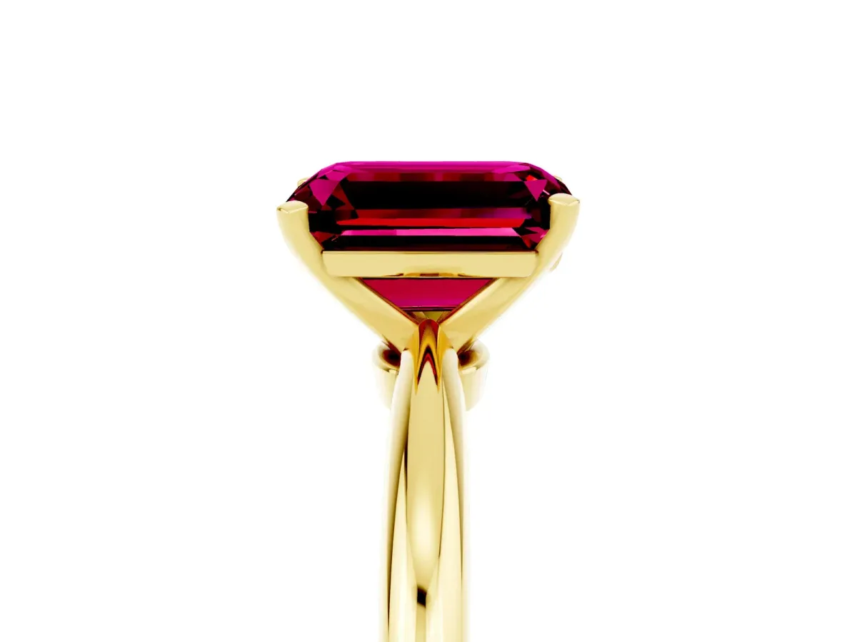 Emerald Cut Garnet Solitaire Ring with Six-Prong Setting and Classic Band Yellow gold