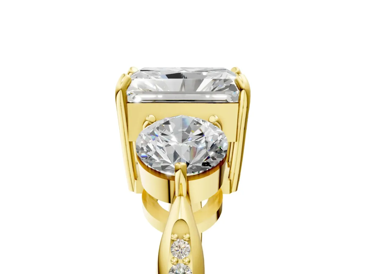 Three-Stone Radiant Cut Diamond Channel Set Engagement Ring with Prong Setting Yellow gold