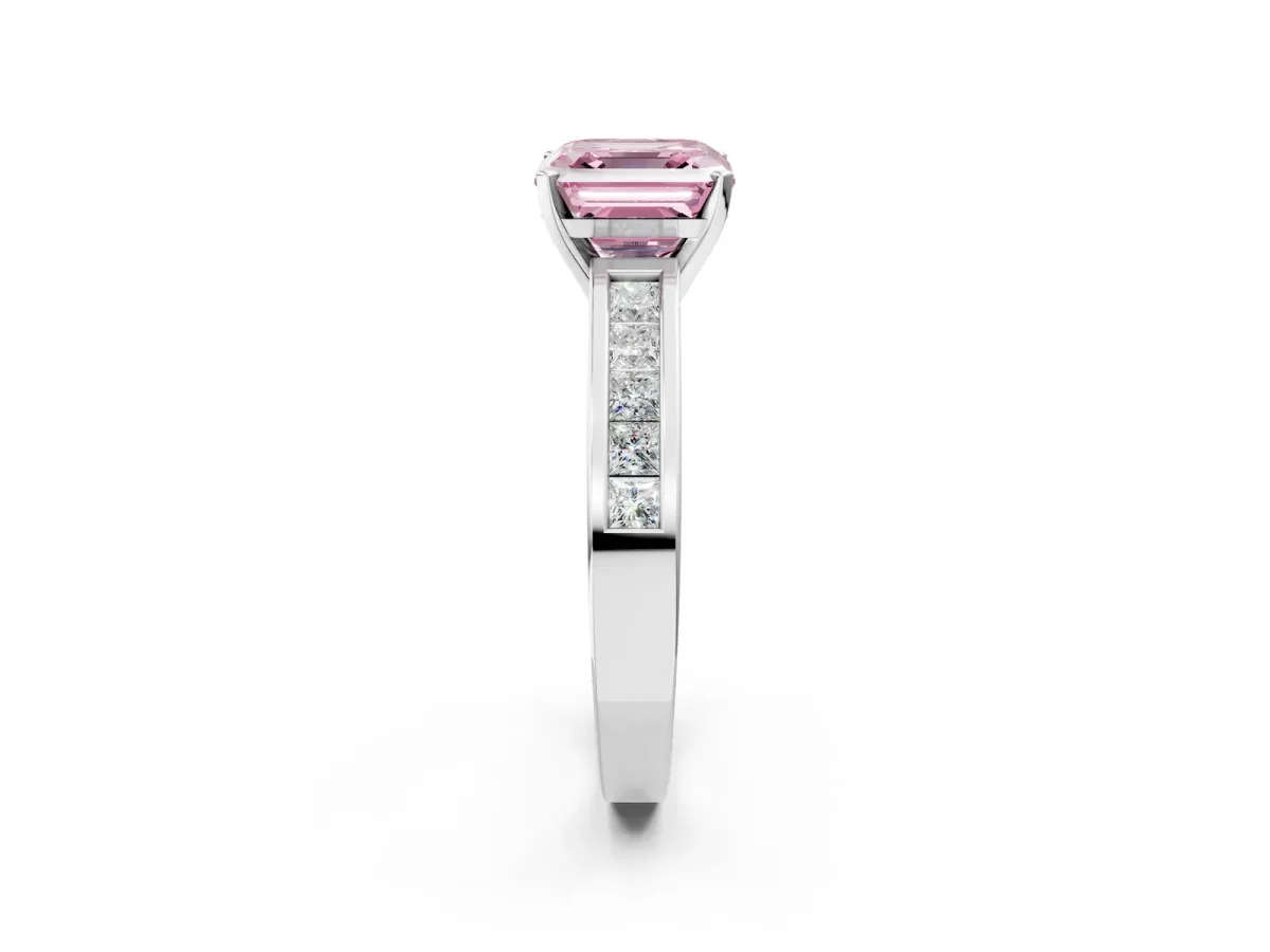 Fancy Pink Asscher Cut Solitaire Diamond Ring with Channel-Set Band and Four-Prong Setting Platinum