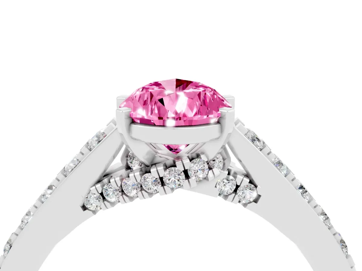 Pear Cut Pink Sapphire Solitaire Ring with Crossover Gallery and Round Pavé Band Silver