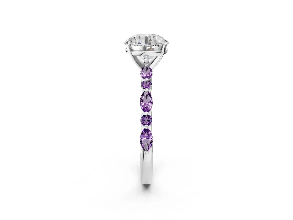 Round Cut Diamond Ring with Marquise and Round Amethyst Side Stones and Four-Prong Setting Silver