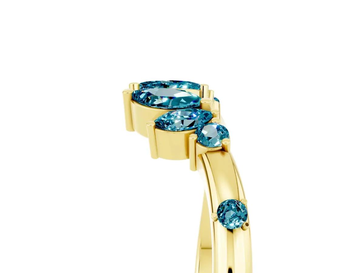 Open Marquise Cluster Blue Topaz Band with Prong Setting Yellow gold