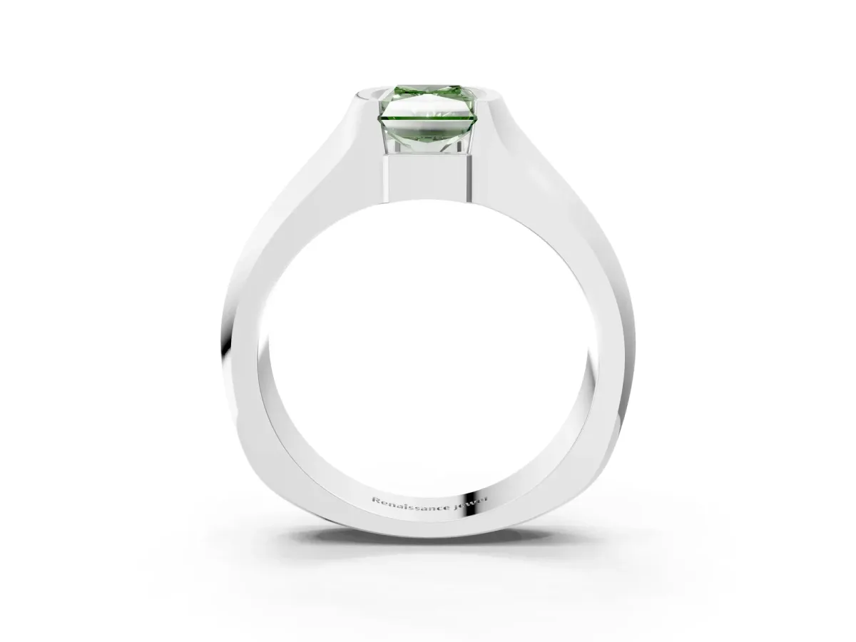 Fancy Green Radiant Cut Solitaire Bezel Set Diamond Ring with Wide Band Platinum