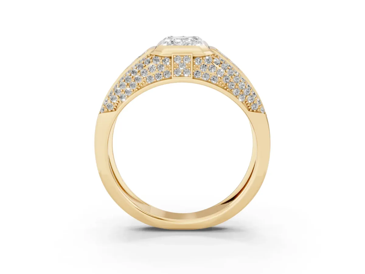 Emerald Cut Diamond Mens Ring with Side Stones Yellow gold