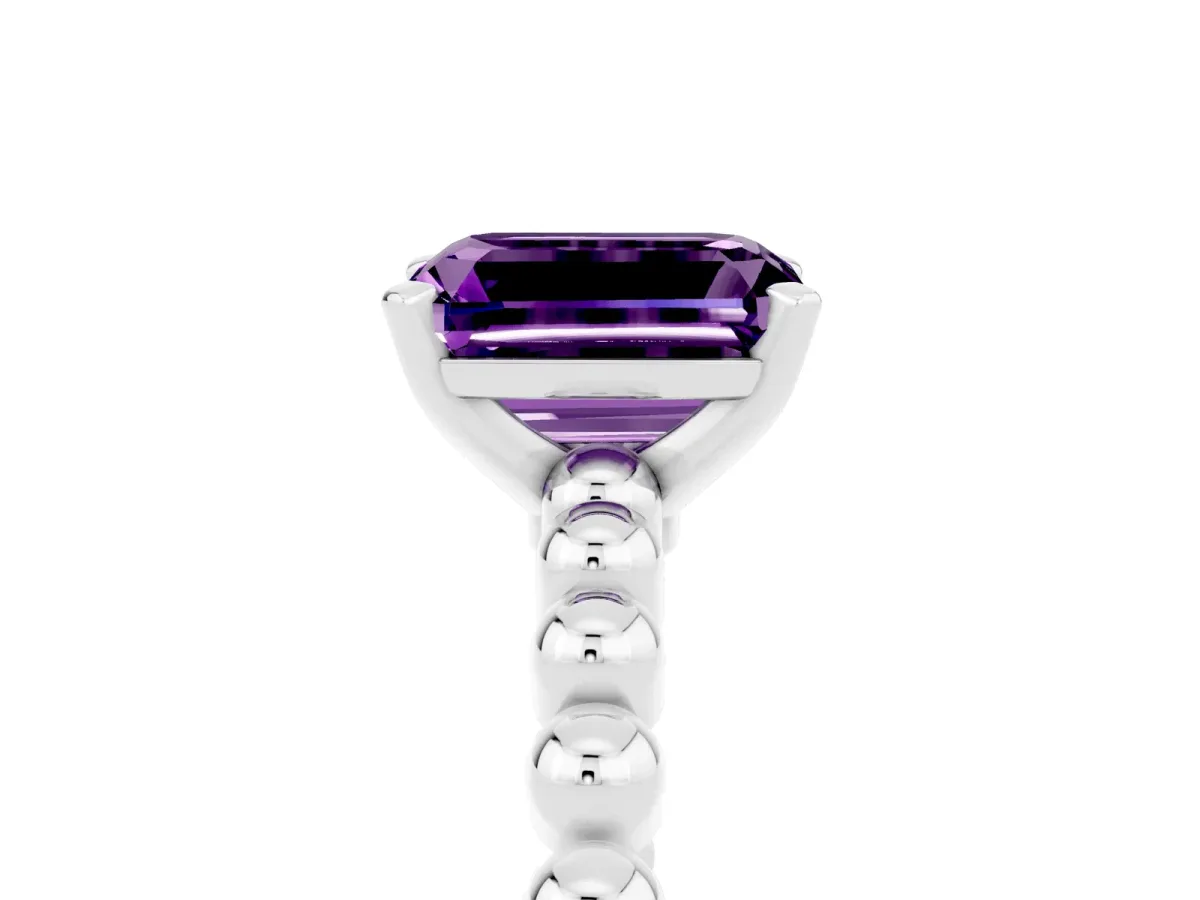 Emerald Cut Amethyst Solitaire Ring with Beaded Band and Prong Setting Silver