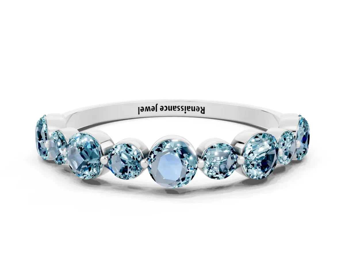 Round Aquamarine Scalloped Prong Set Eternity Band Silver