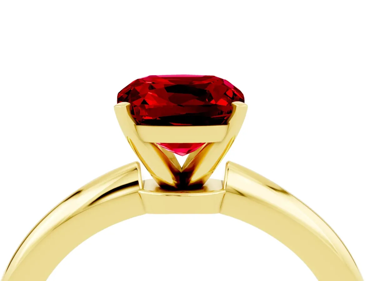 Cushion Cut Ruby Solitaire Ring with Six-Prong Setting and Classic Band Yellow gold