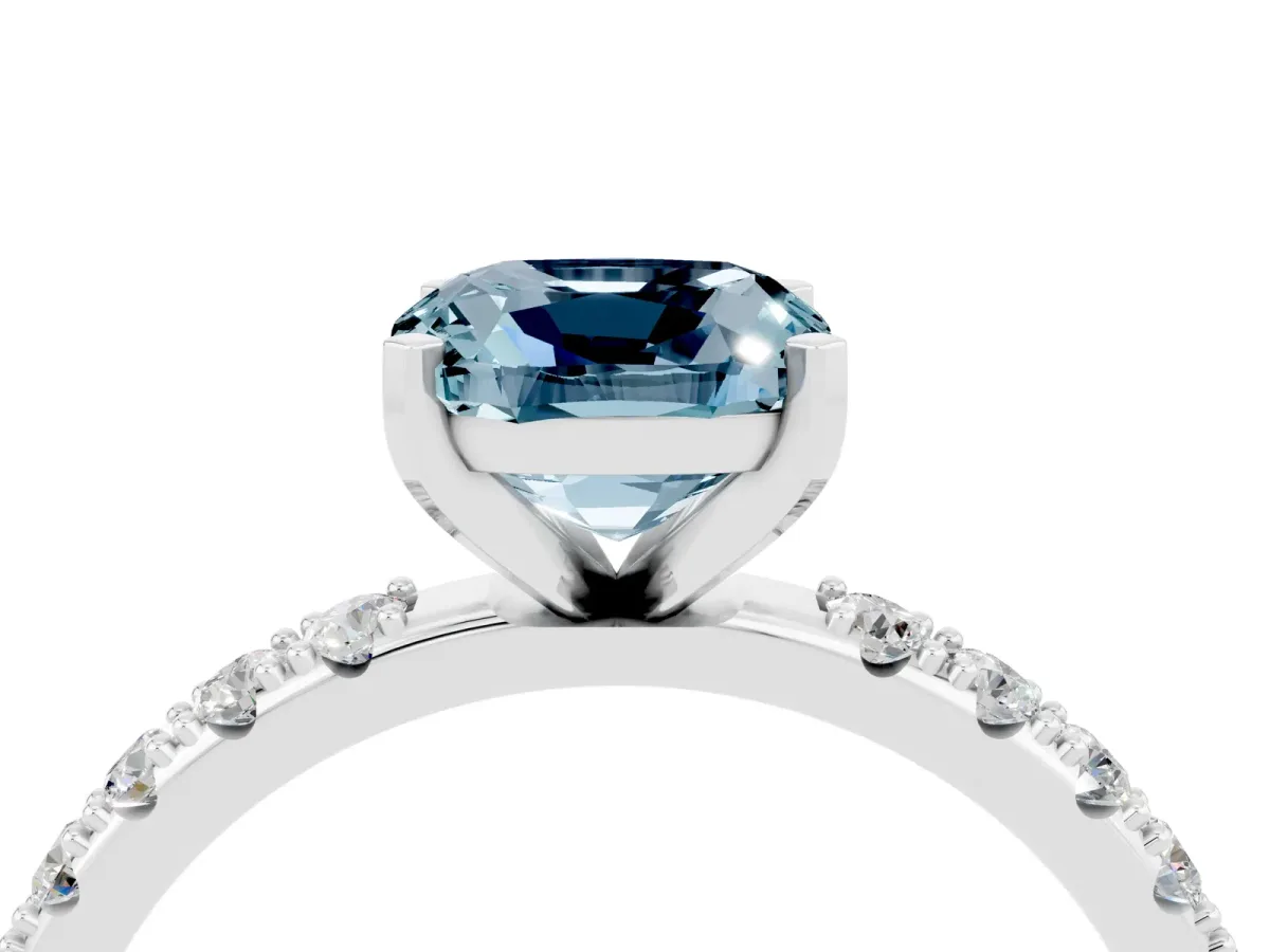 Cushion Cut Aquamarine Solitaire Pavé Band with Four-Prong Setting Silver
