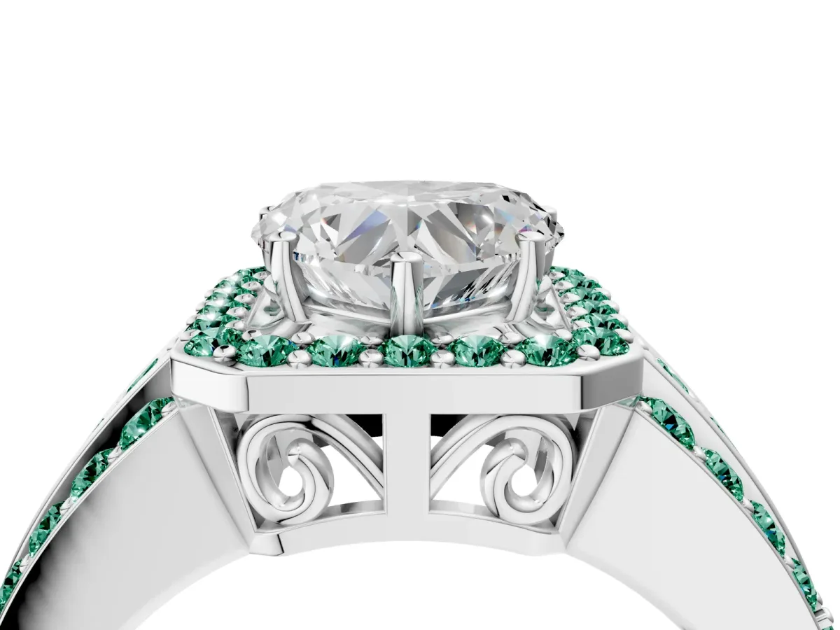 Heart Cut Halo Diamond Ring with Round Green Sapphire Split Shank and Prong Setting Silver