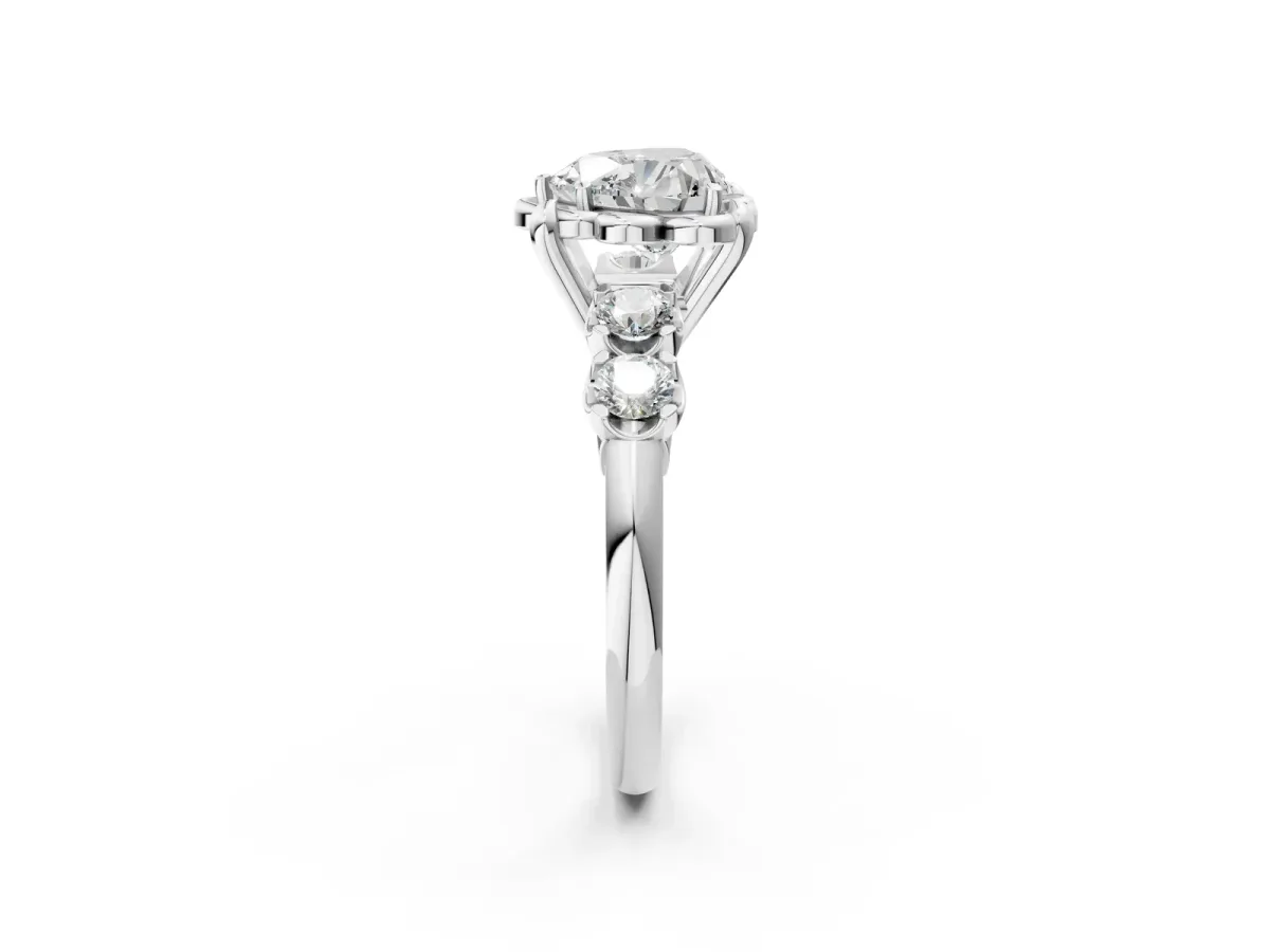 Heart Cut Cut Diamond Floral Halo Engagement Ring with Shared Prong Setting Silver