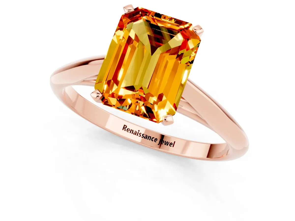 Emerald Cut Citrine Solitaire Engagement Ring with Cathedral Setting and Four-Prong Mount Rose gold