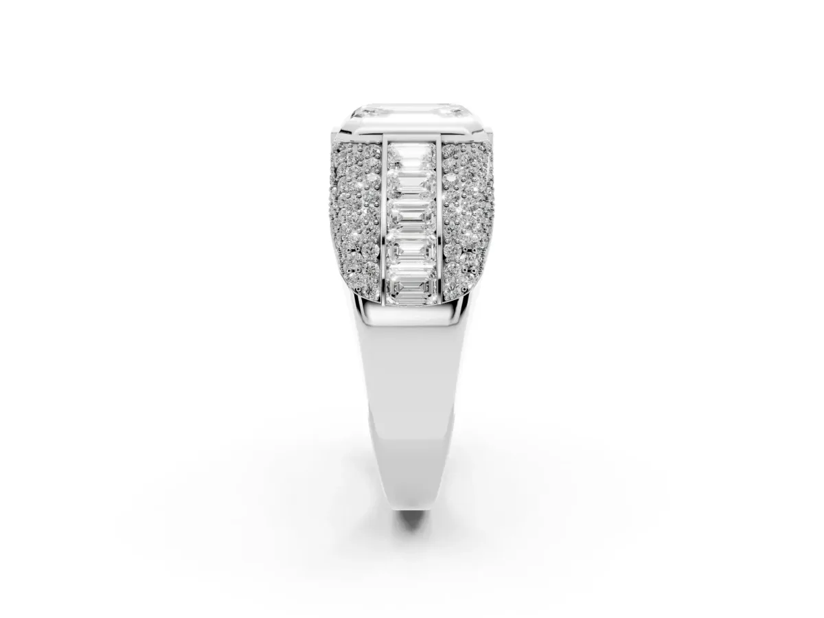 Emerald Cut Diamond Mens Ring with Side Stones White gold