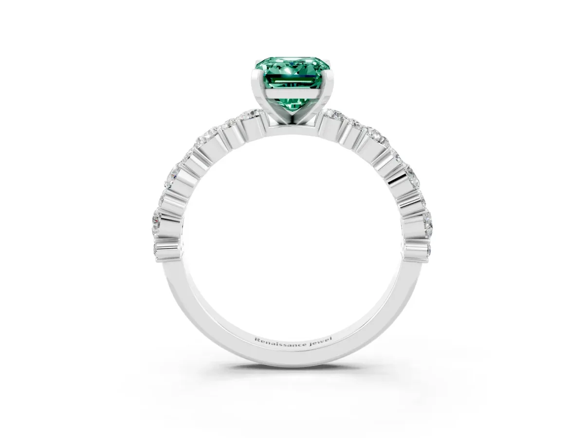 Emerald Cut Green Sapphire Side Stone Solitaire Ring with Round and Four-Prong Setting White gold