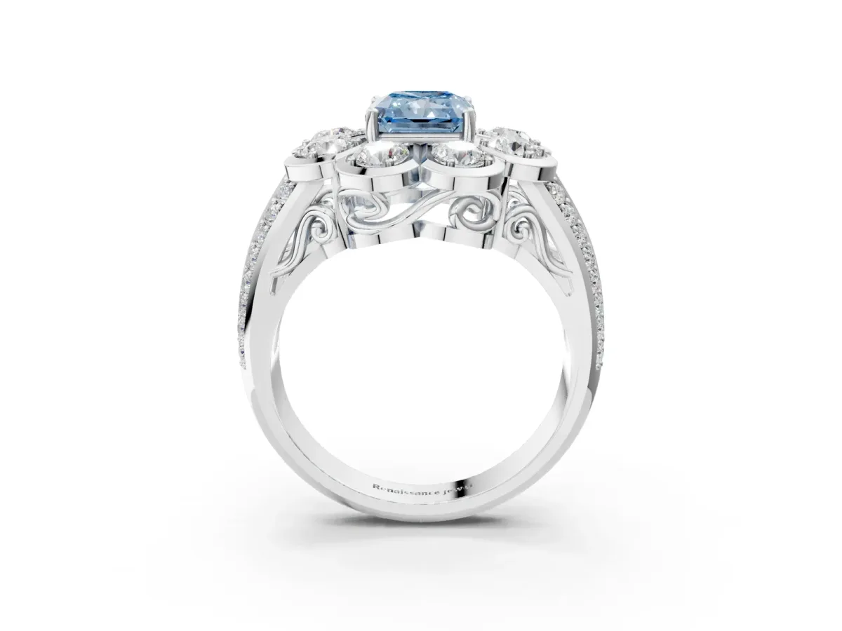 Fancy Blue Radiant Cut Brilliant Flower Halo Diamond Split Shank Ring Platinum