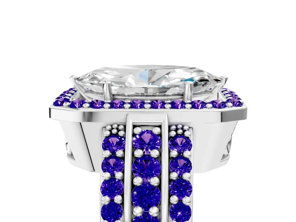 Marquise Cut Halo Diamond Ring with Round Tanzanite Split Shank and Prong Setting Silver