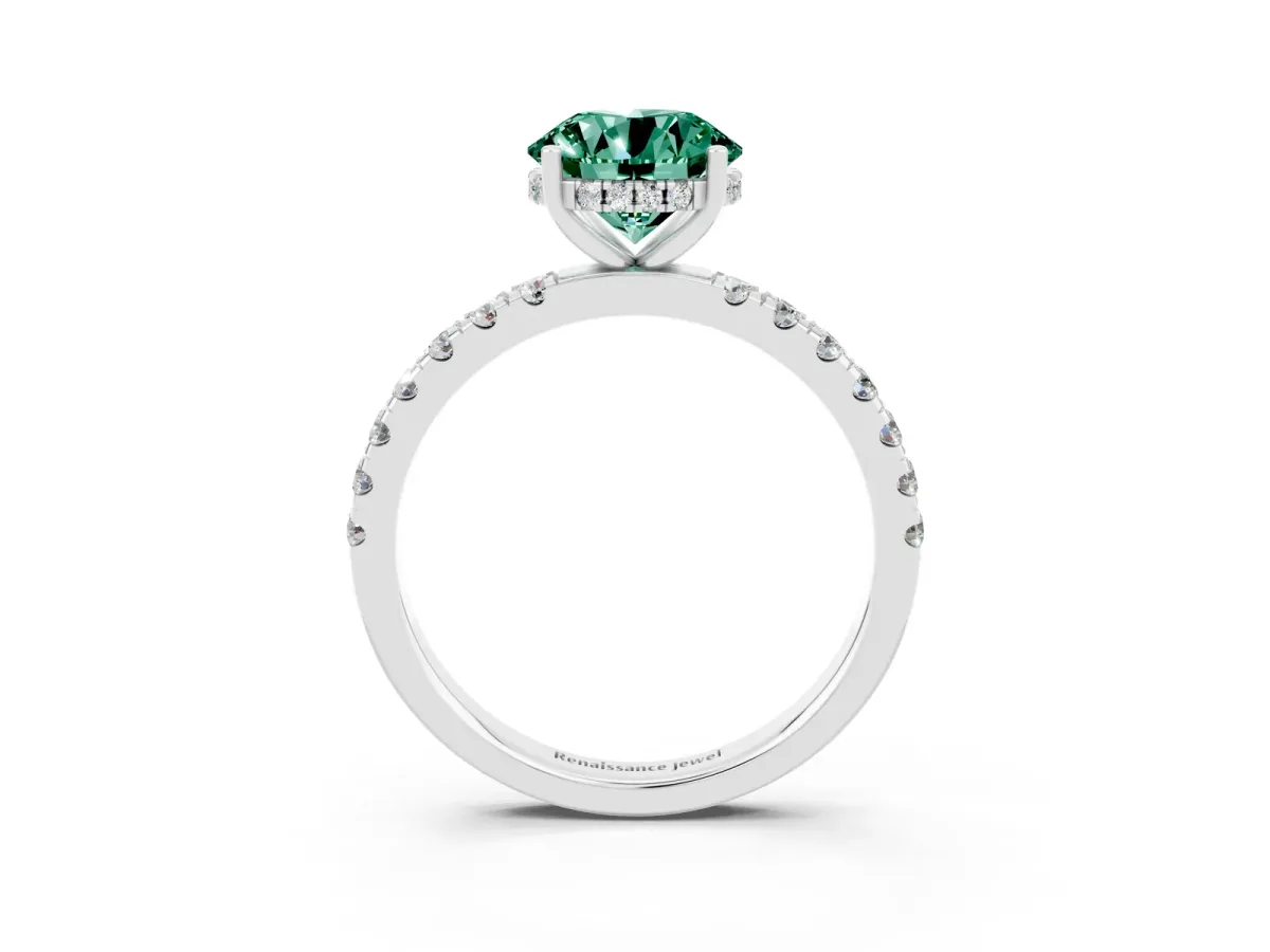 Round Cut Green Sapphire Pave Band Solitaire Ring with Round and Prong Setting Silver
