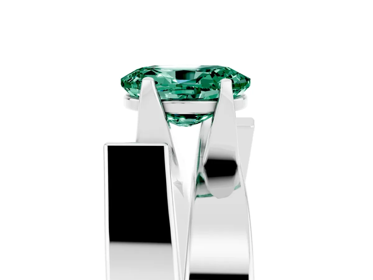 Modern Tension Set Oval Cut Green Sapphire Solitaire Wide Band Ring Silver
