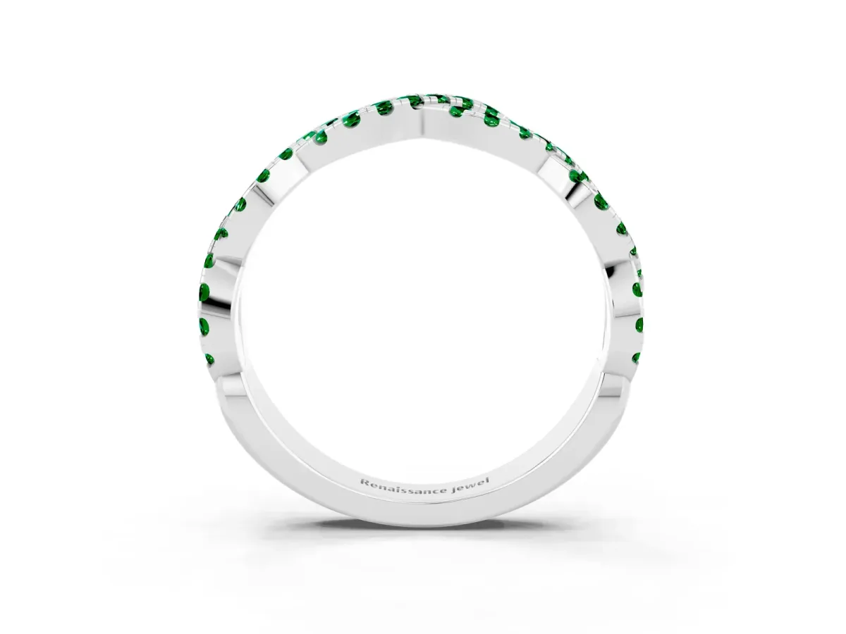 Round Emerald Twisted Eternity Band with Pavé and Shared Prong Setting Platinum