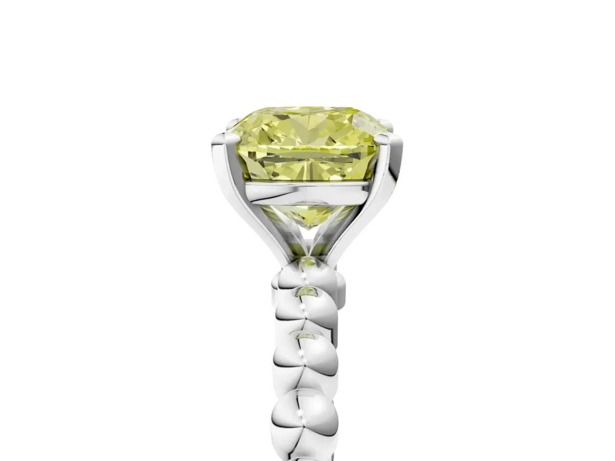 Fancy Yellow Cushion Cut Diamond Solitaire Ring with Beaded Band and Prong Setting Platinum
