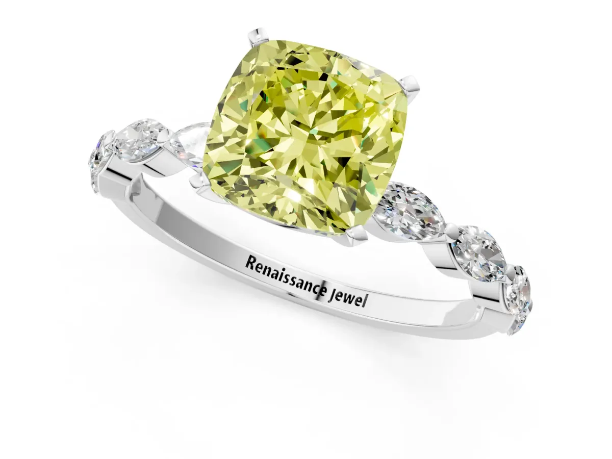 Fancy Yellow Cushion Cut Diamond Ring with Marquise Side Stones and Prong Setting Platinum
