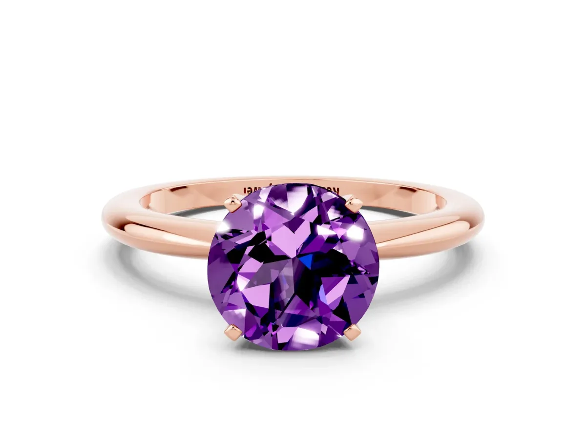 Round Cut Amethyst Solitaire Ring with Six-Prong Setting and Classic Band Rose gold