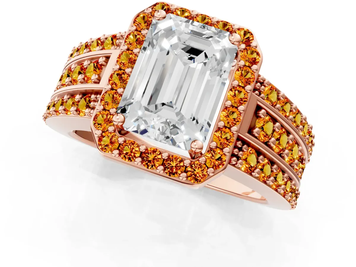 Emerald Cut Halo Diamond Ring with Round Citrine Split Shank and Prong Setting Rose gold