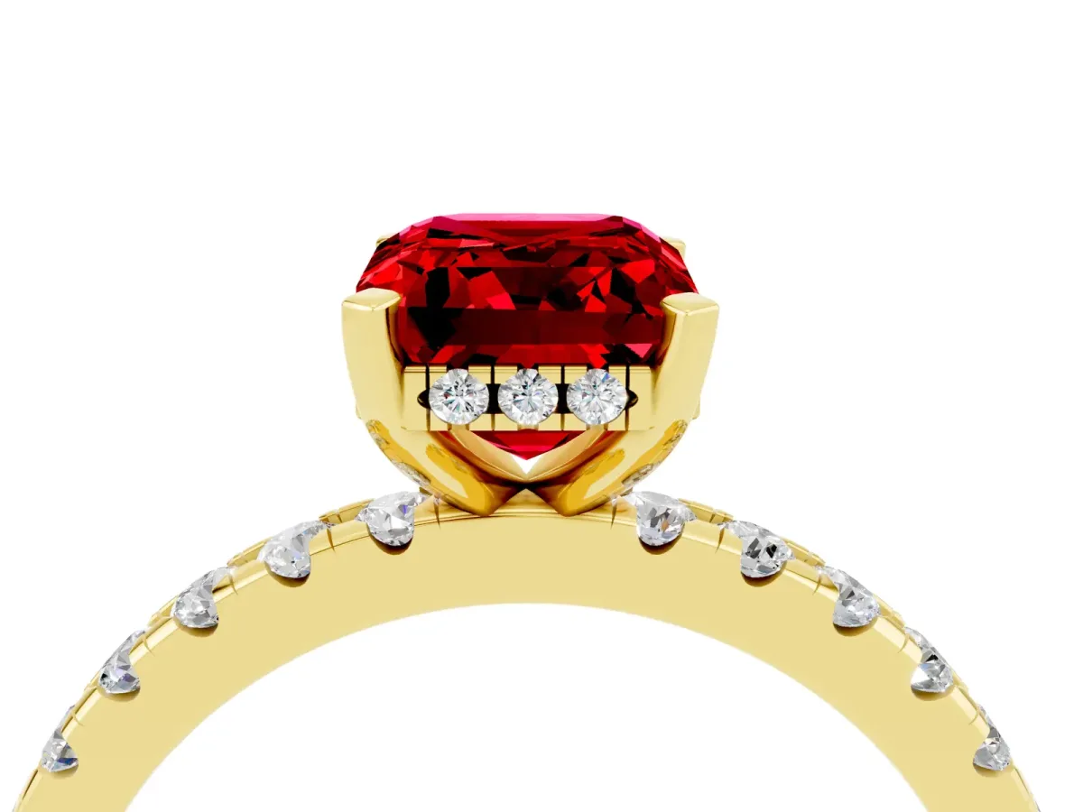 Emerald Cut Ruby Solitaire Ring with Round Pavé Band and Four-Prong Setting Yellow gold
