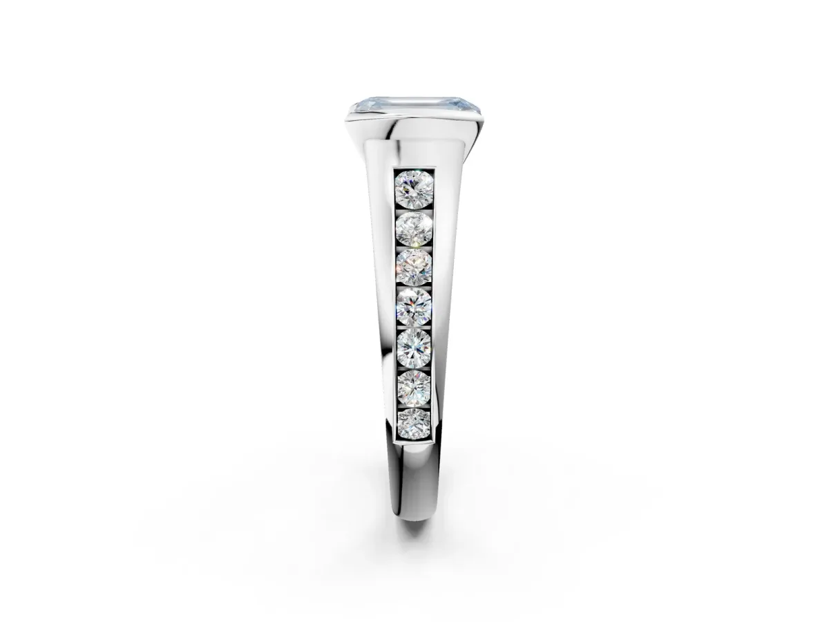 Fancy Blue Emerald Cut Solitaire Bezel-Set Diamond Ring with Channel-Set Band Platinum
