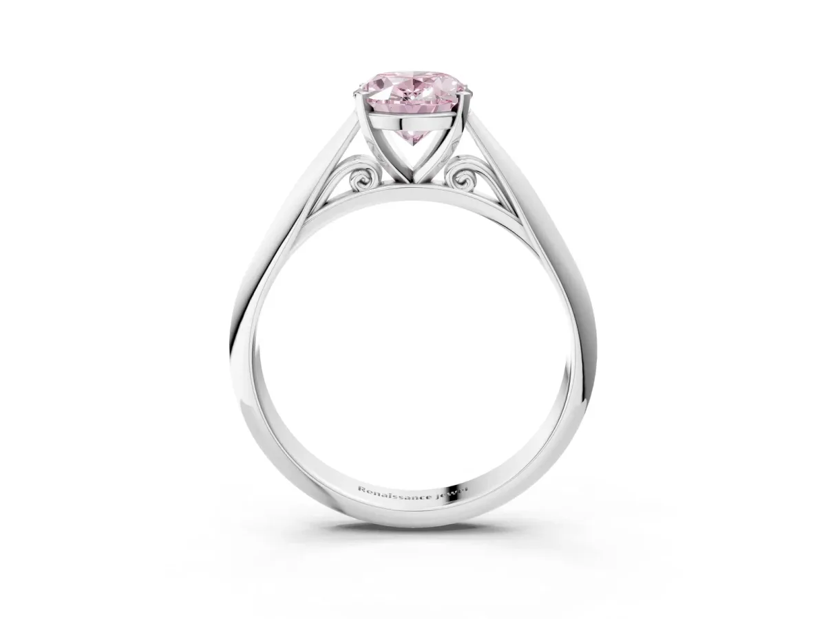 Fancy Pink Oval Cut Diamond Solitaire Engagement Ring with Cathedral Setting and Four-Prong Mount Silver