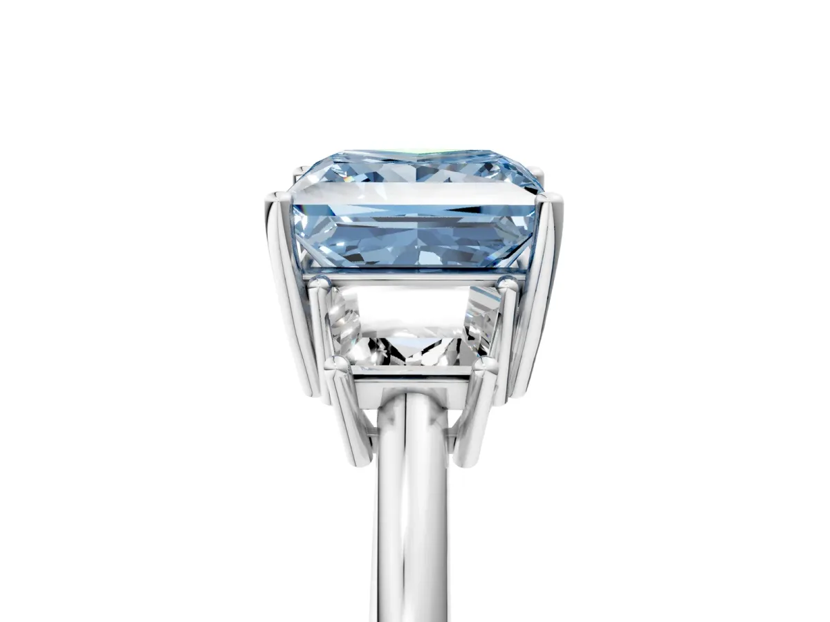 Fancy Blue Princess Cut Diamond Three-Stone Ring with Trapezoid Side Stones and Prong Setting Platinum