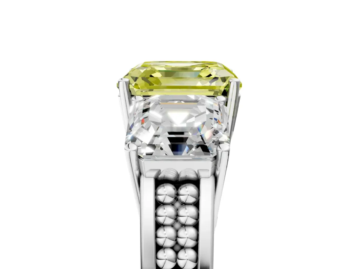 Fancy Yellow Asscher Cut Diamond Three-Stone Ring with Prong Setting and Textured Band Platinum
