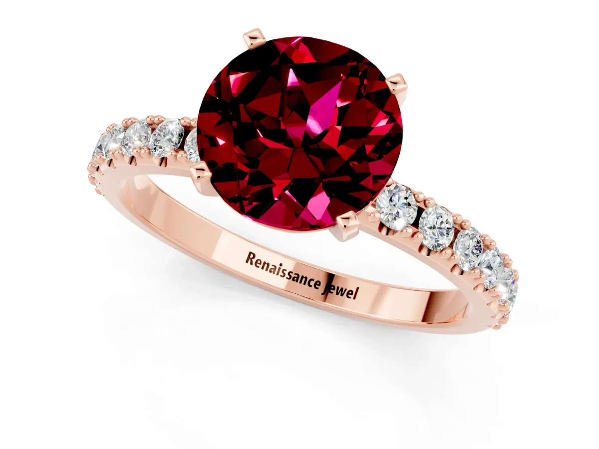 Round Cut Garnet Solitaire Pavé Band with Four-Prong Setting Rose gold
