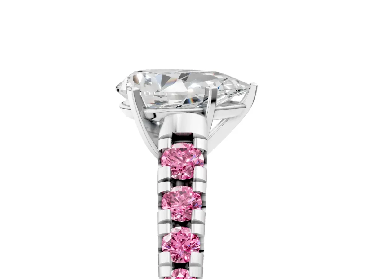 Pear Cut Diamond Cathedral Solitaire Ring with Round Pink Sapphire Pavé Band Silver