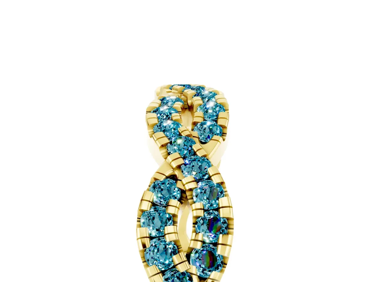 Round Blue Topaz Twisted Eternity Band with Pavé and Shared Prong Setting Yellow gold