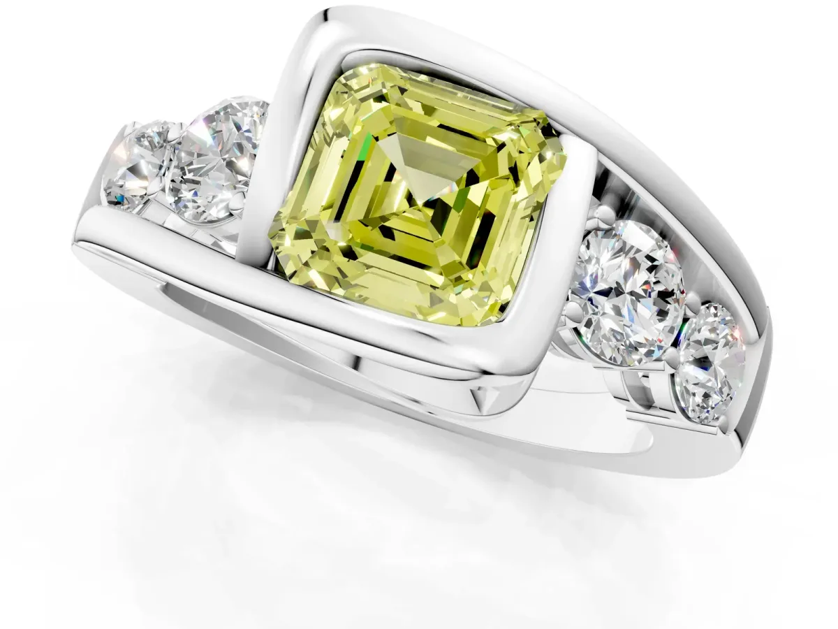 Fancy Yellow Bezel Set Asscher Cut Diamond Bypass Ring with Round Accents Platinum