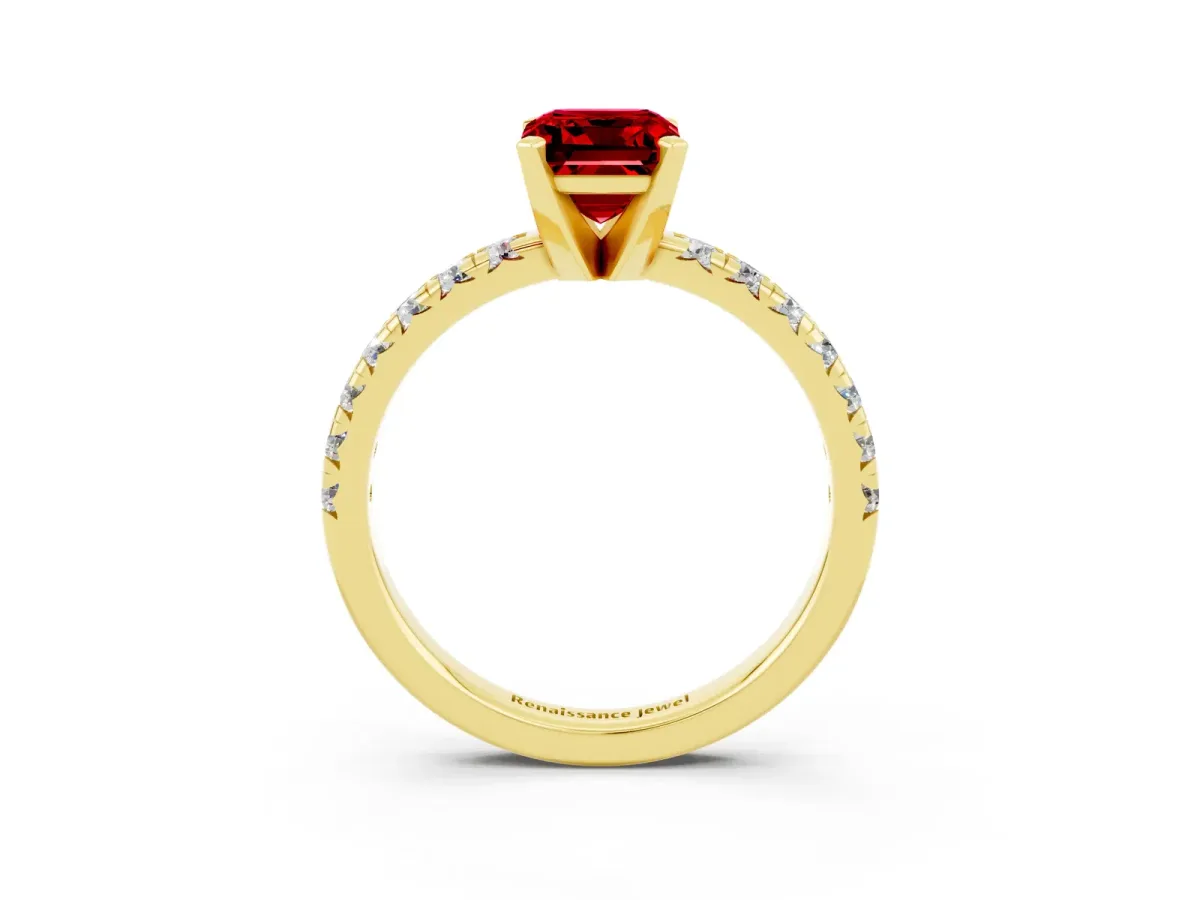 Emerald Cut Ruby Solitaire Pavé Engagement Ring with Round Band and Prong Setting Yellow gold