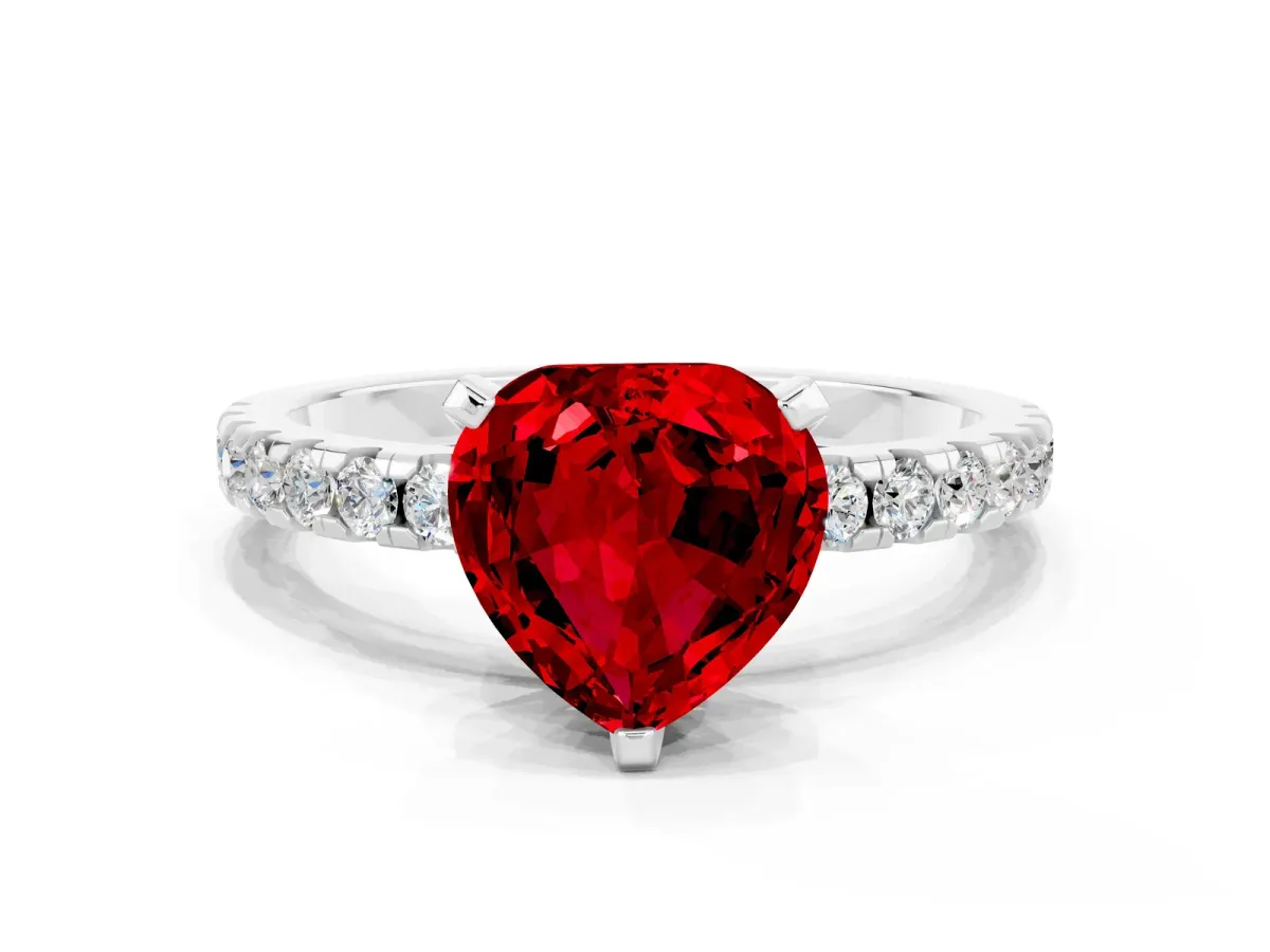 Heart Cut Ruby Solitaire Ring with Round Pavé Band and Four-Prong Setting Platinum