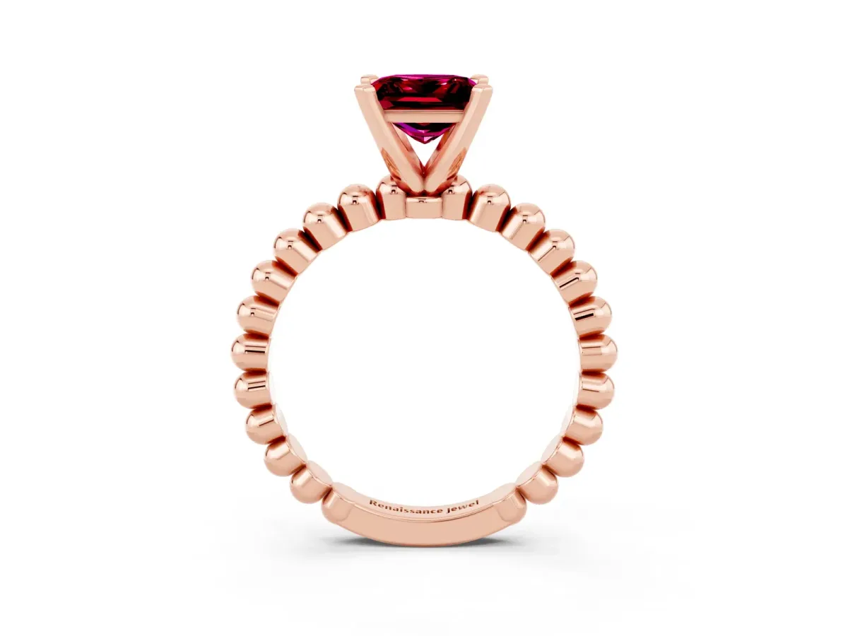 Princess Cut Garnet Solitaire Ring with Beaded Band and Prong Setting Rose gold