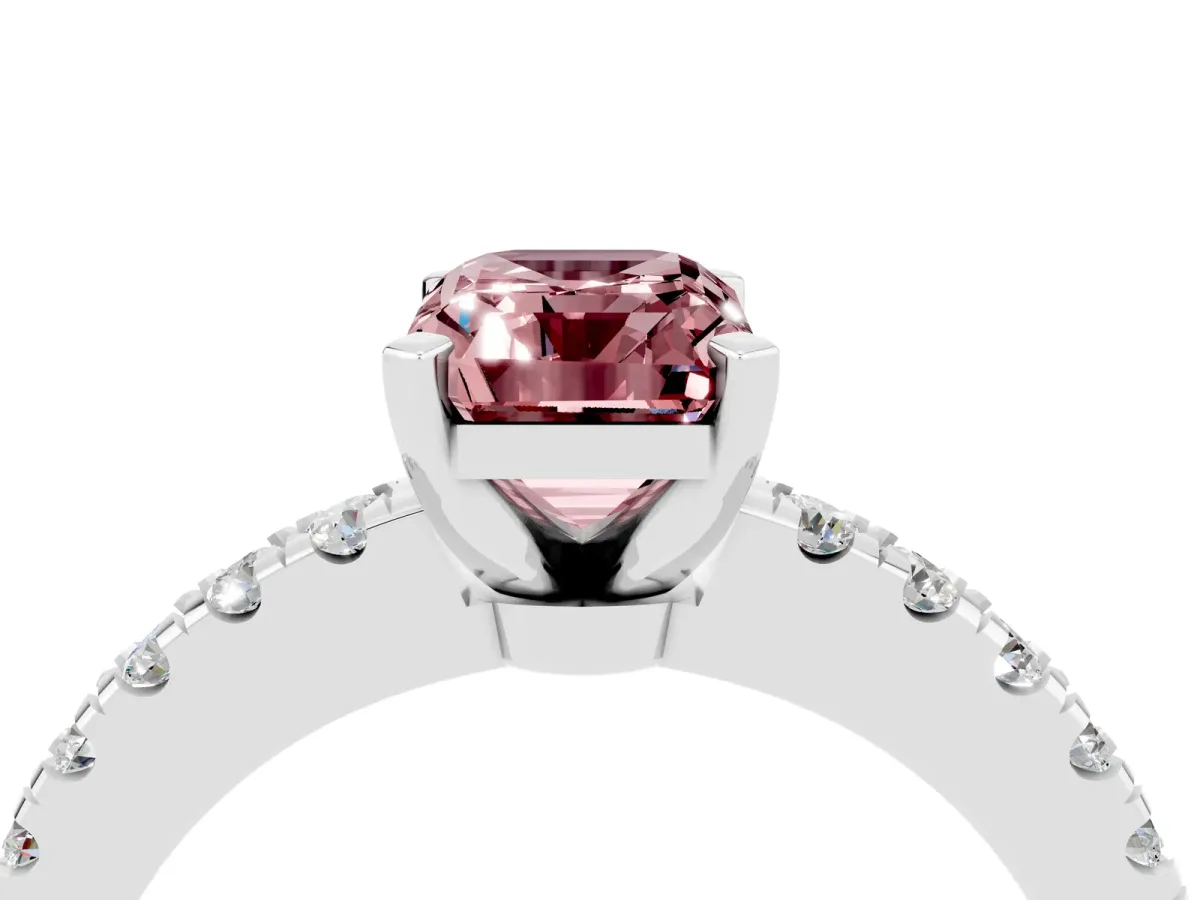 Emerald Cut Solitaire Morganite with Pavé Band and Four-Prong Setting Platinum