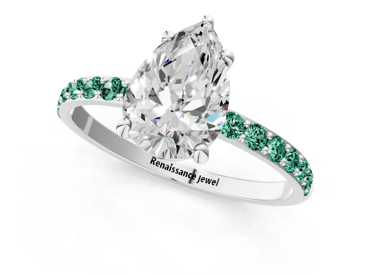 Pear Cut Diamond Solitaire Ring with Round Green Sapphire Pavé Band and Prong Setting Silver