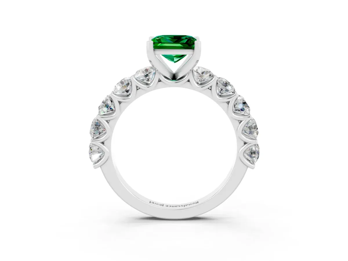 Princess Cut Emerald Prong Setting with Side Stones on a Pave Band Platinum