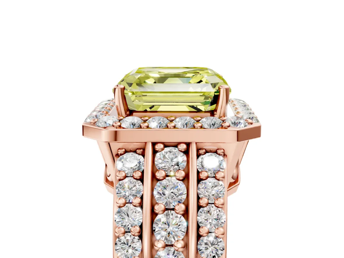 Fancy Yellow Asscher Cut Halo Diamond Ring with Round Split Shank and Prong Setting Rose gold
