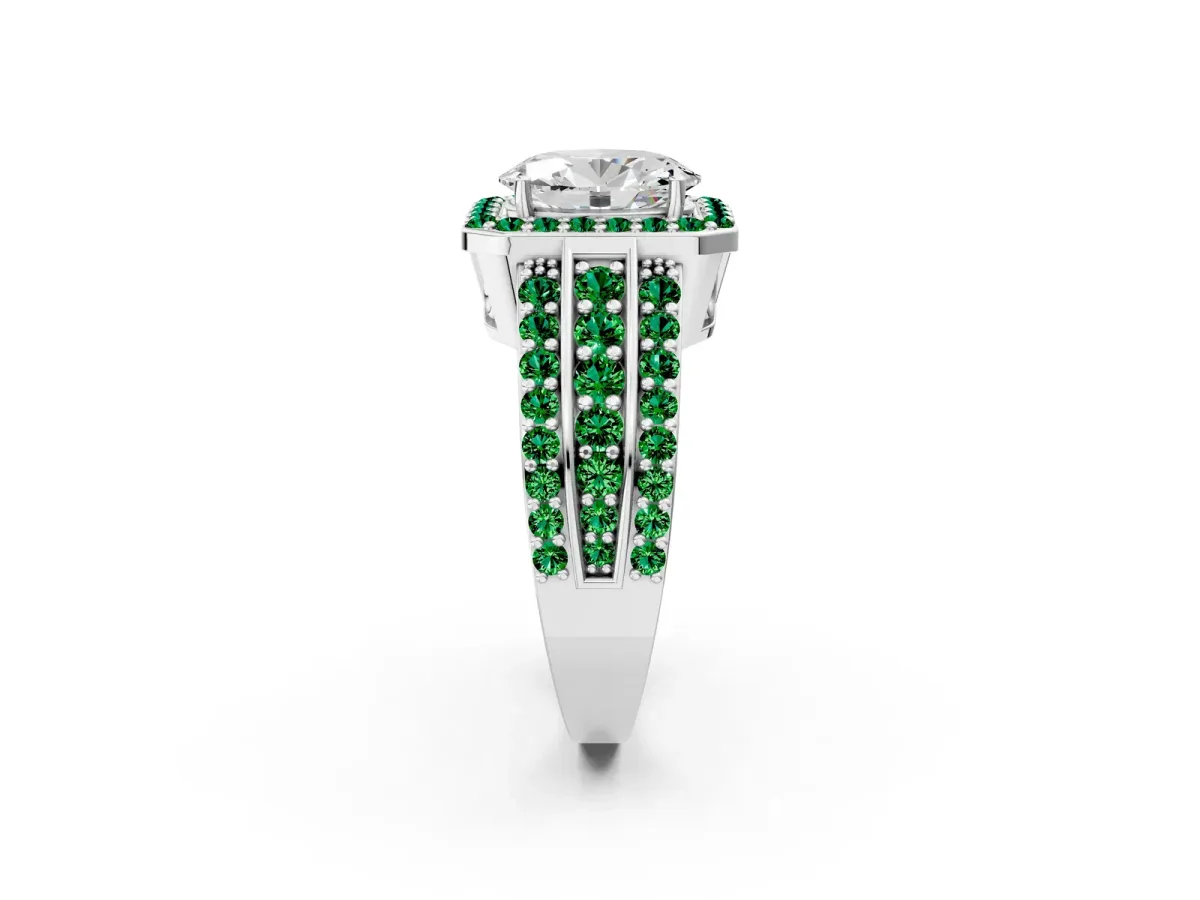 Oval Cut Halo Diamond Ring with Round Emerald Split Shank and Prong Setting White gold