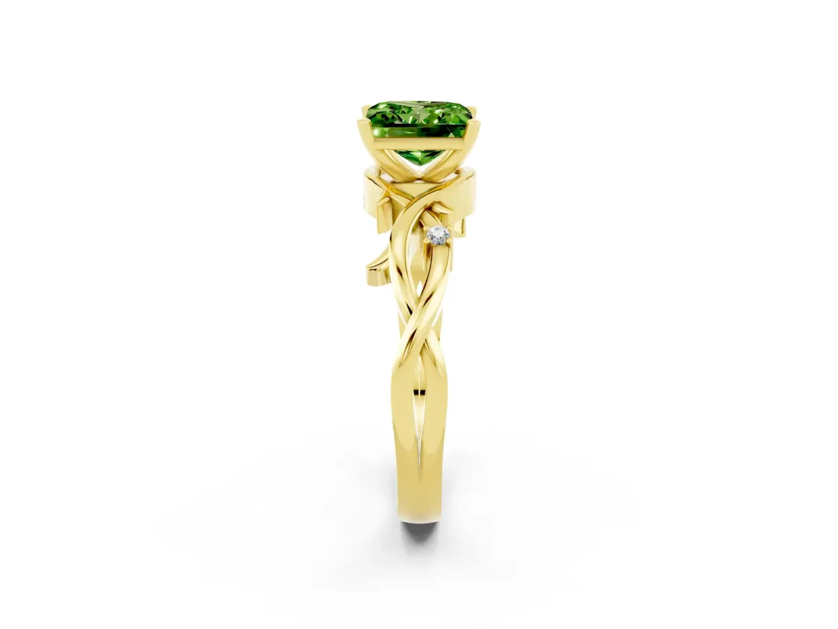 Princess Cut Peridot Solitaire Ring with Twisted Band and Prong Setting Yellow gold