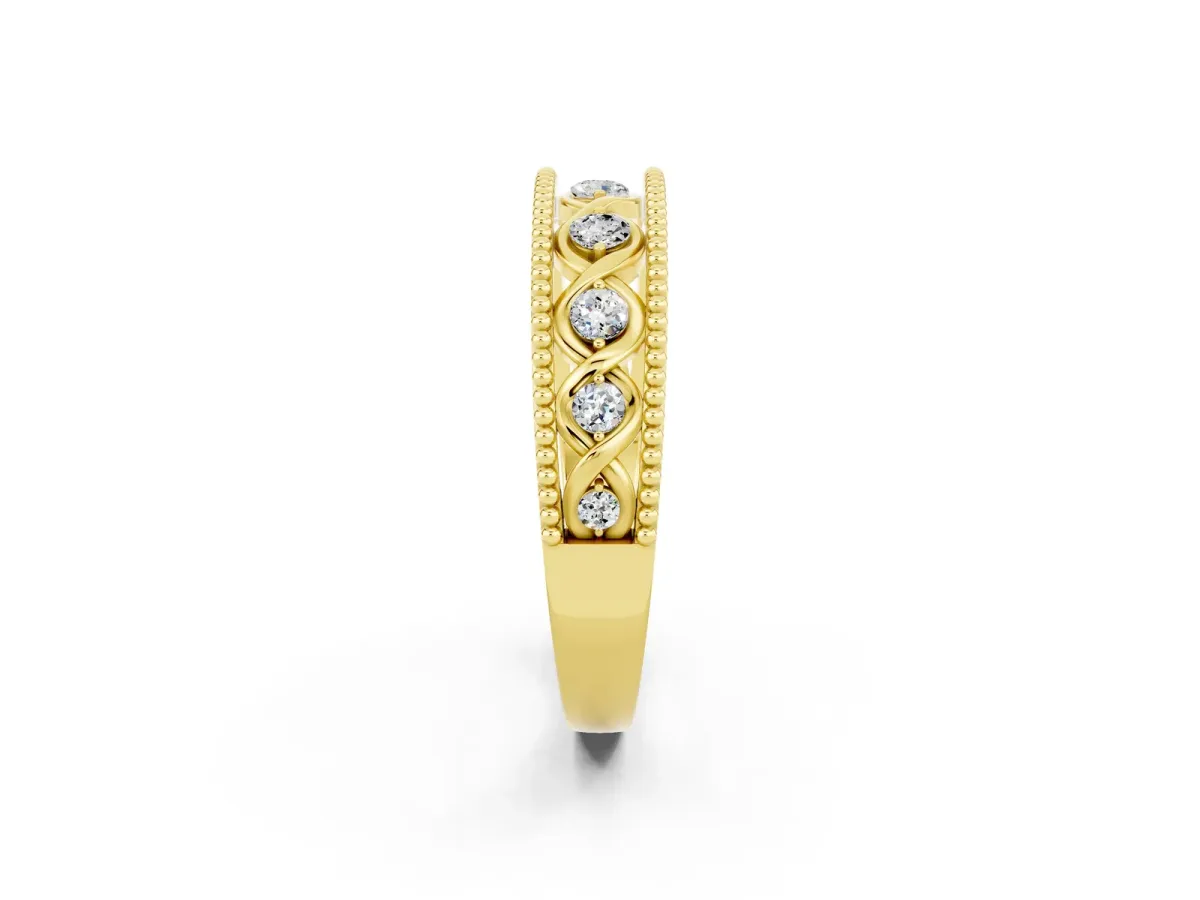 Round Moissanite Twist Milgrain Band with Bezel Setting Yellow gold